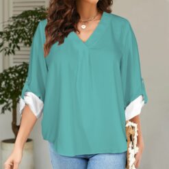 THELMA -  V-Neck Cuffed Sleeve Tunic Blouse (Aqua)