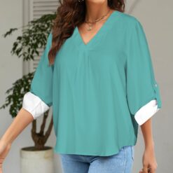 Alternative view of THELMA -  V-Neck Cuffed Sleeve Tunic Blouse (Aqua)