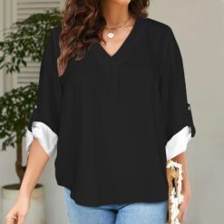 THELMA -  V-Neck Cuffed Sleeve Tunic Blouse (Black)