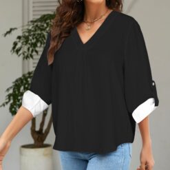 Alternative view of THELMA -  V-Neck Cuffed Sleeve Tunic Blouse (Black)