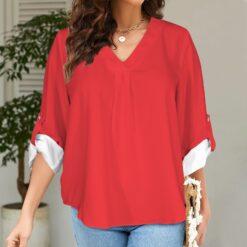THELMA -  V-Neck Cuffed Sleeve Tunic Blouse (Poppy)