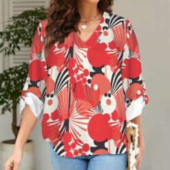 THELMA -  V-Neck Cuffed Sleeve Tunic Blouse (Bloom Riot)