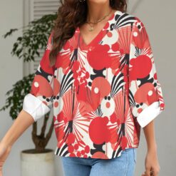 Alternative view of THELMA -  V-Neck Cuffed Sleeve Tunic Blouse (Bloom Riot)