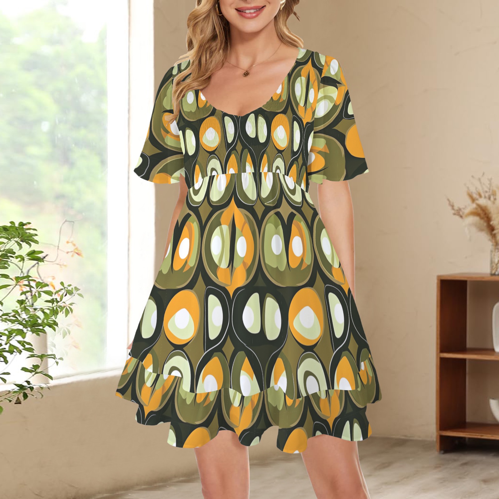 Claude - V-Neck Pleated Ruffle Hem Dress - (Verdant Rhythm)