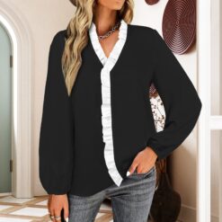 Alternative view of IRNA - Ruffled Trim V Neck (Black)